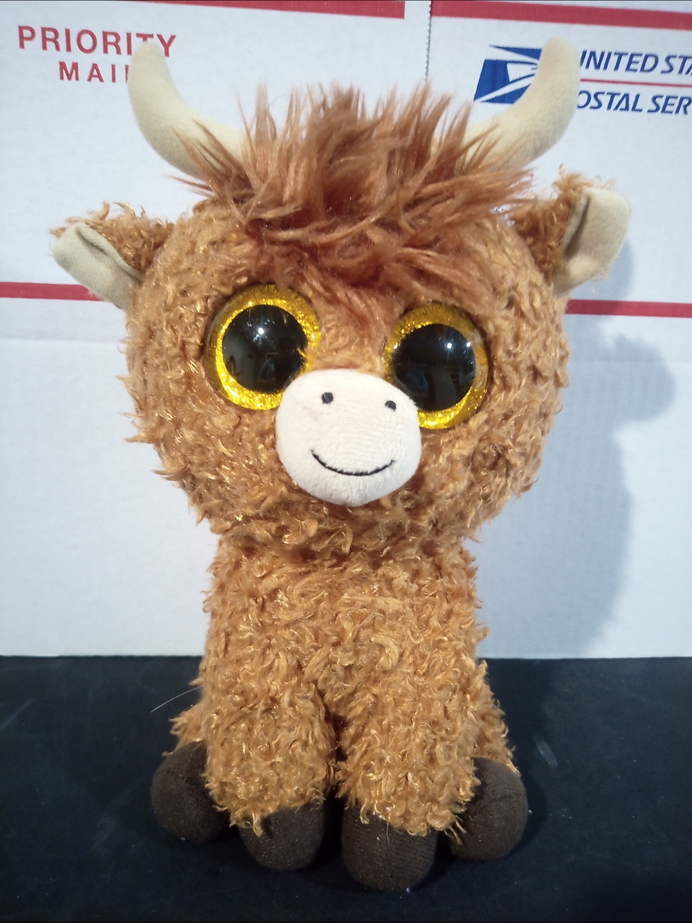 Ty Angus Brown Highland Cow Plush with Gold Sparkly Eyes